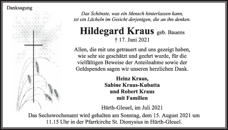  Traueranzeige für Hildegard Kraus vom 06.08.2021 aus  Wochenende 