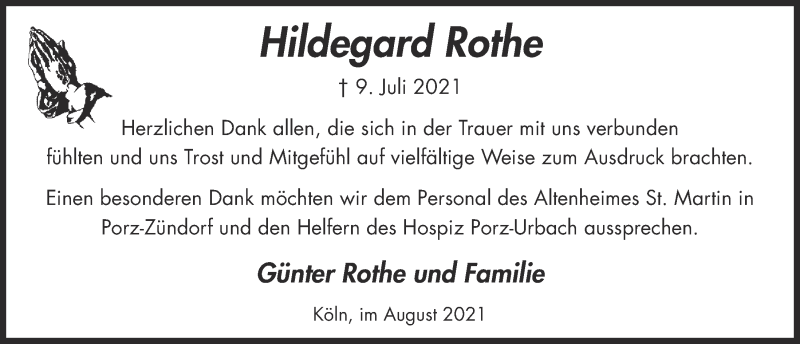  Traueranzeige für Hildegard Rothe vom 13.08.2021 aus  Kölner Wochenspiegel 