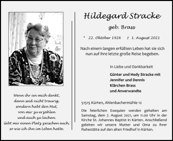 Anzeige von Hildegard Stracke von Kölner Stadt-Anzeiger / Kölnische Rundschau / Express
