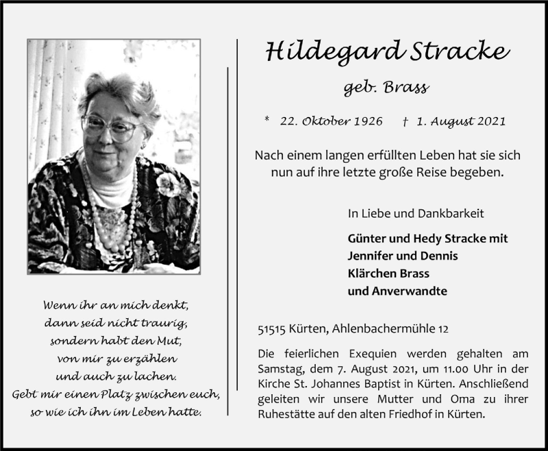  Traueranzeige für Hildegard Stracke vom 06.08.2021 aus  Bergisches Handelsblatt 