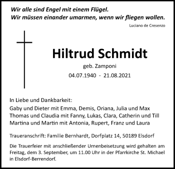 Anzeige von Hiltrud Schmidt von Kölner Stadt-Anzeiger / Kölnische Rundschau / Express