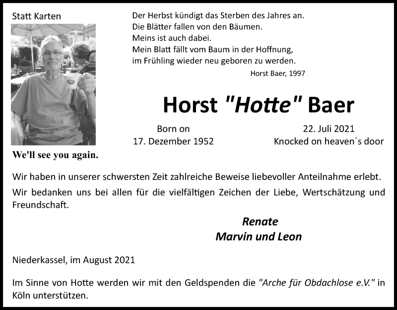  Traueranzeige für Horst Baer vom 14.08.2021 aus Kölner Stadt-Anzeiger / Kölnische Rundschau / Express