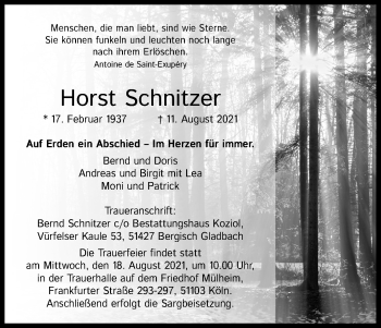 Anzeige von Horst Schnitzer von Kölner Stadt-Anzeiger / Kölnische Rundschau / Express