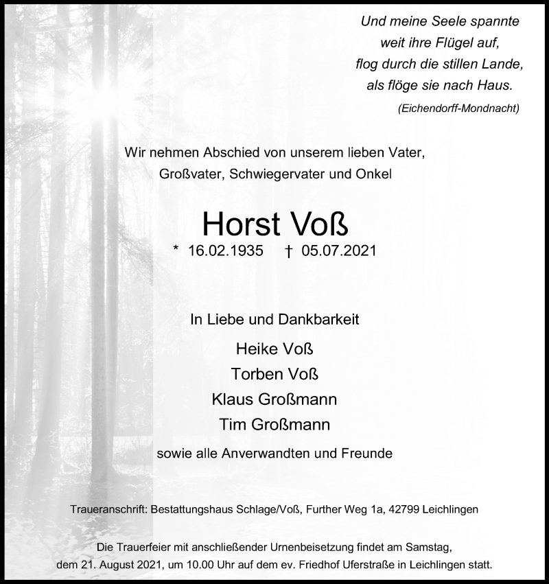  Traueranzeige für Horst Voß vom 14.08.2021 aus Kölner Stadt-Anzeiger / Kölnische Rundschau / Express