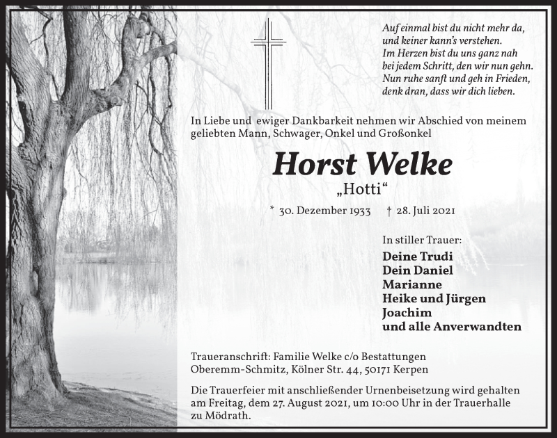  Traueranzeige für Horst Welke vom 20.08.2021 aus  Werbepost 