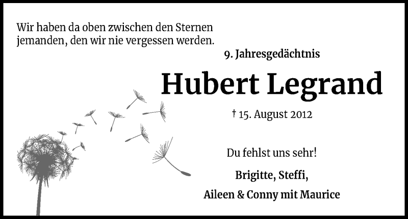  Traueranzeige für Hubert Legrand vom 14.08.2021 aus Kölner Stadt-Anzeiger / Kölnische Rundschau / Express