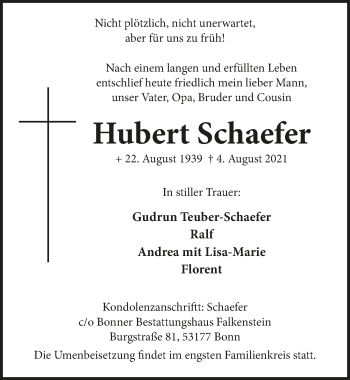 Anzeige von Hubert Schaefer von  Schaufenster/Blickpunkt 