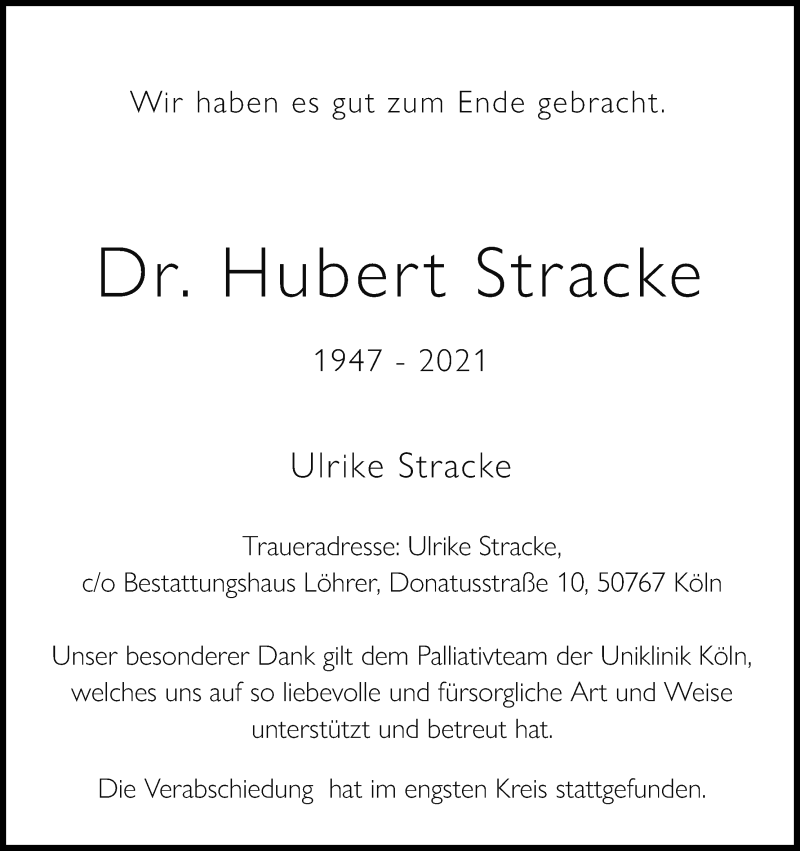  Traueranzeige für Hubert Stracke vom 21.08.2021 aus Kölner Stadt-Anzeiger / Kölnische Rundschau / Express
