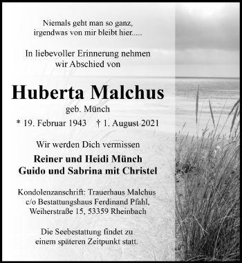 Anzeige von Huberta Malchus von  Schaufenster/Blickpunkt 