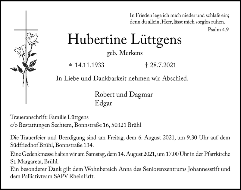  Traueranzeige für Hubertine Lüttgens vom 06.08.2021 aus  Schlossbote/Werbekurier 