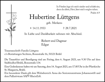 Anzeige von Hubertine Lüttgens von Kölner Stadt-Anzeiger / Kölnische Rundschau / Express