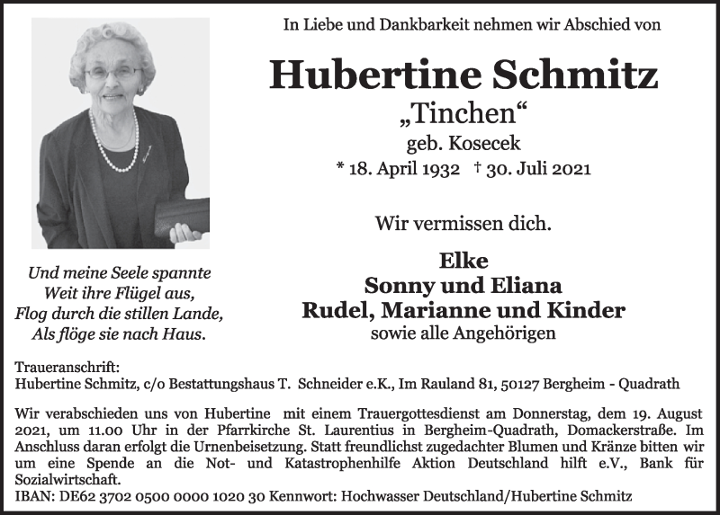  Traueranzeige für Hubertine Schmitz vom 13.08.2021 aus  Werbepost 