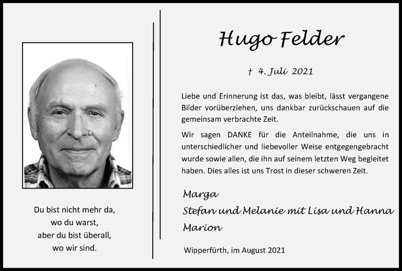  Traueranzeige für Hugo Felder vom 14.08.2021 aus Kölner Stadt-Anzeiger / Kölnische Rundschau / Express