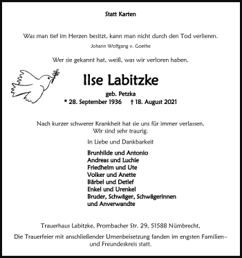 Anzeige von Ilse Labitzke von Kölner Stadt-Anzeiger / Kölnische Rundschau / Express