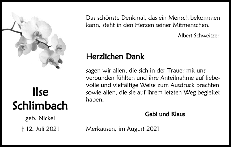  Traueranzeige für Ilse Schlimbach vom 28.08.2021 aus Kölner Stadt-Anzeiger / Kölnische Rundschau / Express