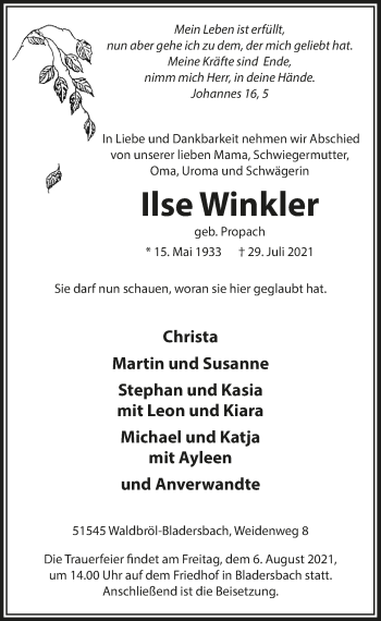 Anzeige von Ilse Winkler von  Lokalanzeiger 
