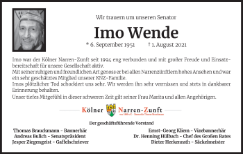 Anzeige von Imo Wende von Kölner Stadt-Anzeiger / Kölnische Rundschau / Express