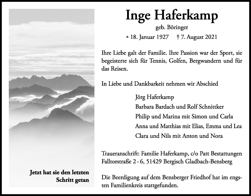  Traueranzeige für Inge Haferkamp vom 21.08.2021 aus Kölner Stadt-Anzeiger / Kölnische Rundschau / Express