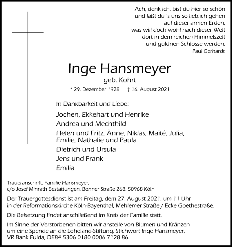  Traueranzeige für Inge Hansmeyer vom 21.08.2021 aus Kölner Stadt-Anzeiger / Kölnische Rundschau / Express