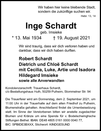 Anzeige von Inge Schardt von Kölner Stadt-Anzeiger / Kölnische Rundschau / Express