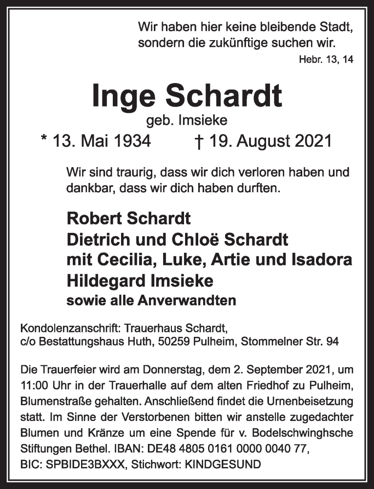  Traueranzeige für Inge Schardt vom 27.08.2021 aus  Wochenende 