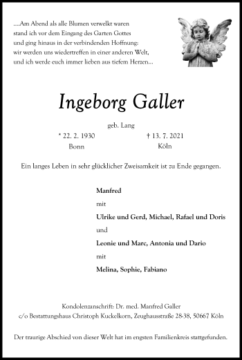 Anzeige von Ingeborg Galler von Kölner Stadt-Anzeiger / Kölnische Rundschau / Express