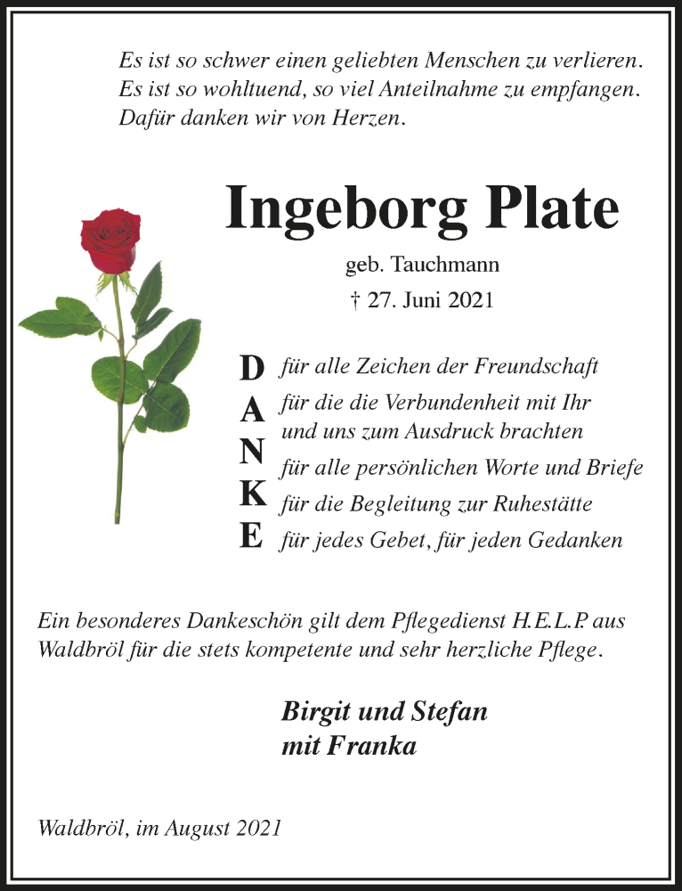  Traueranzeige für Ingeborg Plate vom 06.08.2021 aus  Lokalanzeiger 