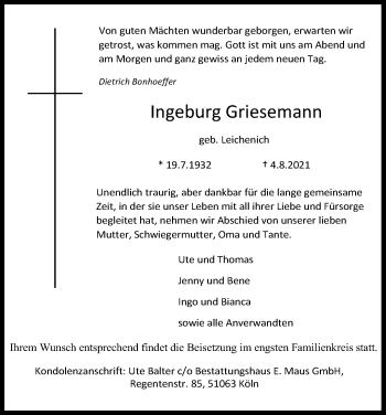 Anzeige von Ingeburg Griesemann von Kölner Stadt-Anzeiger / Kölnische Rundschau / Express