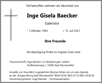 Anzeige von Inge Gisela Baecker von Kölner Stadt-Anzeiger / Kölnische Rundschau / Express