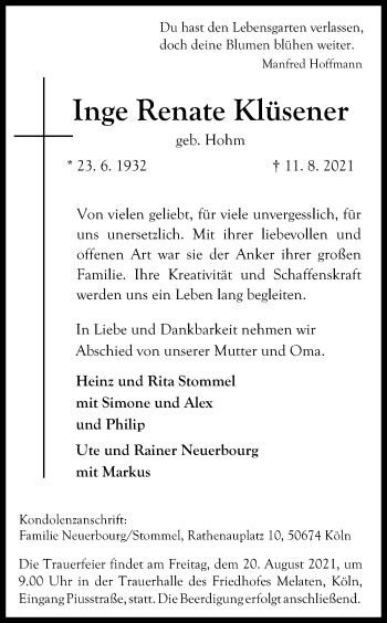 Anzeige von Inge Renate Klüsener von Kölner Stadt-Anzeiger / Kölnische Rundschau / Express