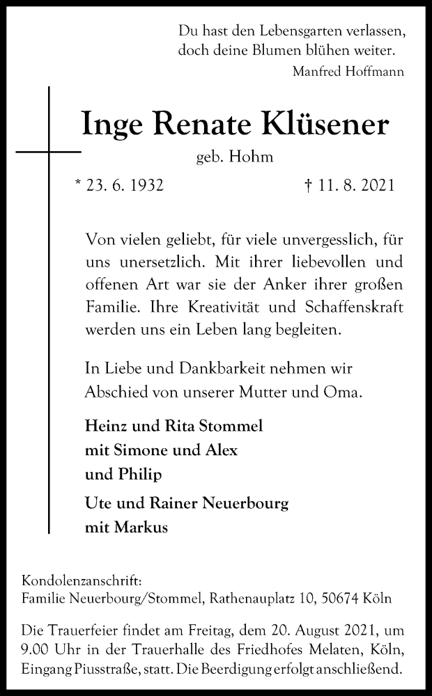  Traueranzeige für Inge Renate Klüsener vom 14.08.2021 aus Kölner Stadt-Anzeiger / Kölnische Rundschau / Express