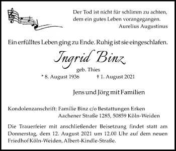 Anzeige von Ingrid Binz von Kölner Stadt-Anzeiger / Kölnische Rundschau / Express
