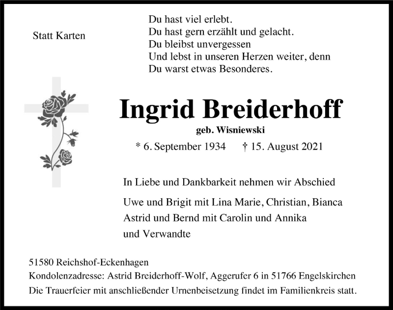  Traueranzeige für Ingrid Breiderhoff vom 20.08.2021 aus  Anzeigen Echo 