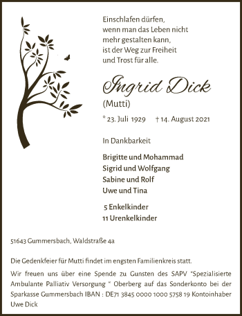 Anzeige von Ingrid Dick von  Anzeigen Echo 