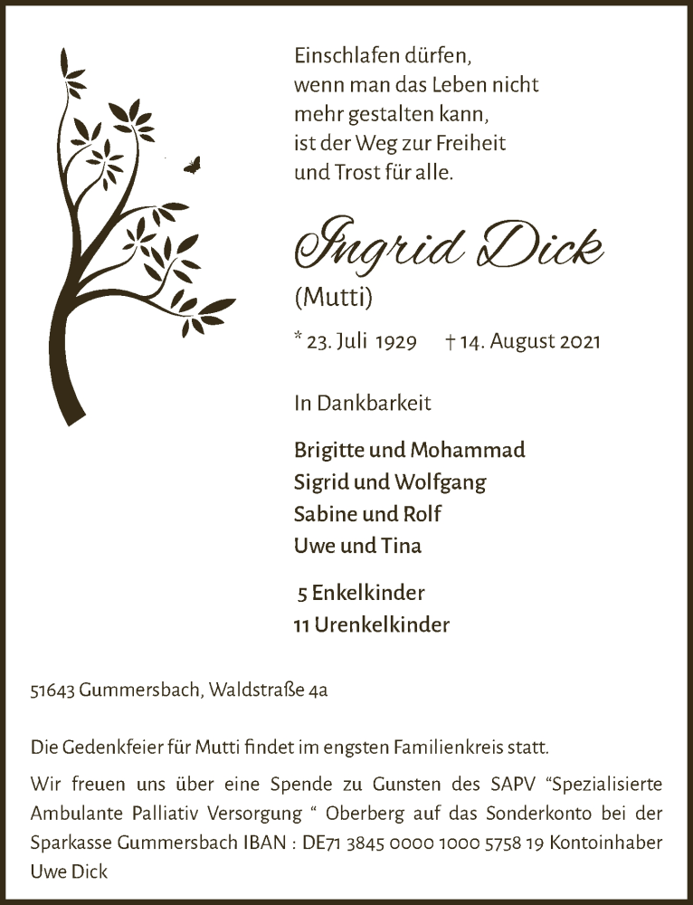  Traueranzeige für Ingrid Dick vom 20.08.2021 aus  Anzeigen Echo 