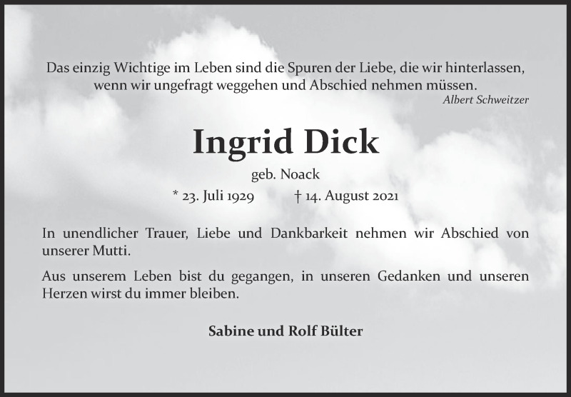  Traueranzeige für Ingrid Dick vom 27.08.2021 aus  Anzeigen Echo 