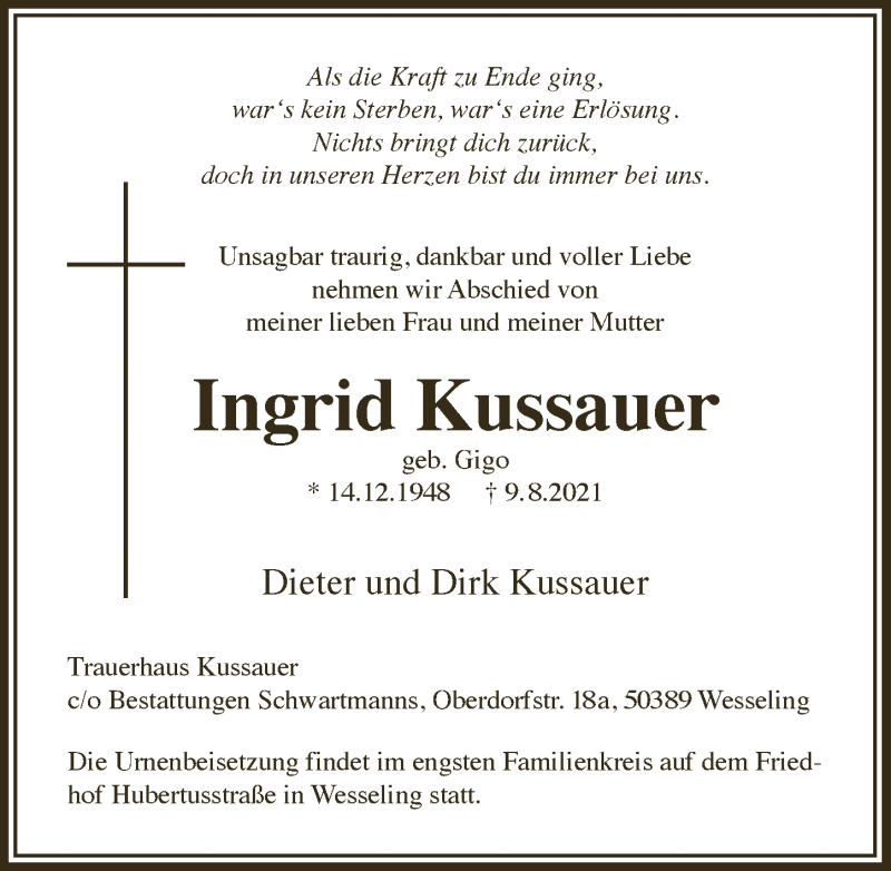  Traueranzeige für Ingrid Kussauer vom 13.08.2021 aus  Schlossbote/Werbekurier 