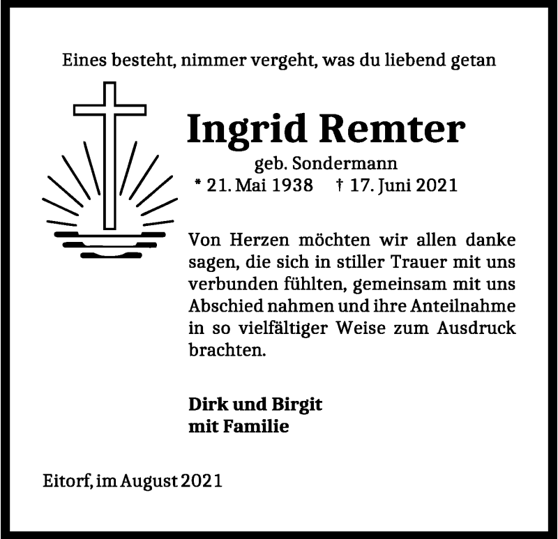  Traueranzeige für Ingrid Remter vom 07.08.2021 aus Kölner Stadt-Anzeiger / Kölnische Rundschau / Express