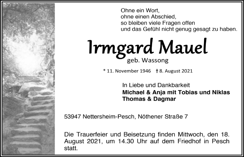  Traueranzeige für Irmgard Mauel vom 14.08.2021 aus  Blickpunkt Euskirchen 