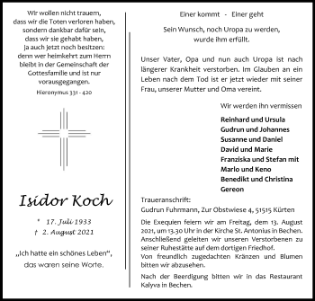 Anzeige von Isidor Koch von Kölner Stadt-Anzeiger / Kölnische Rundschau / Express