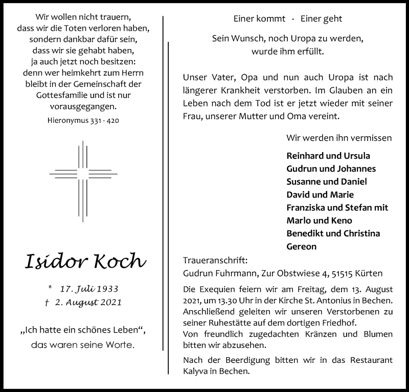  Traueranzeige für Isidor Koch vom 07.08.2021 aus Kölner Stadt-Anzeiger / Kölnische Rundschau / Express