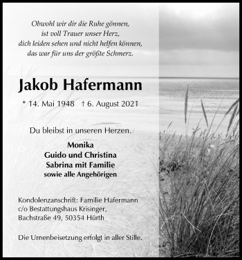 Anzeige von Jakob Hafermann von Kölner Stadt-Anzeiger / Kölnische Rundschau / Express