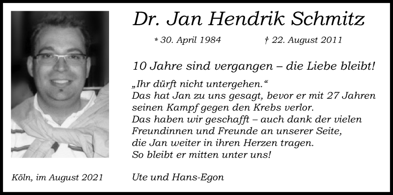  Traueranzeige für Jan Hendrik Schmitz vom 21.08.2021 aus Kölner Stadt-Anzeiger / Kölnische Rundschau / Express