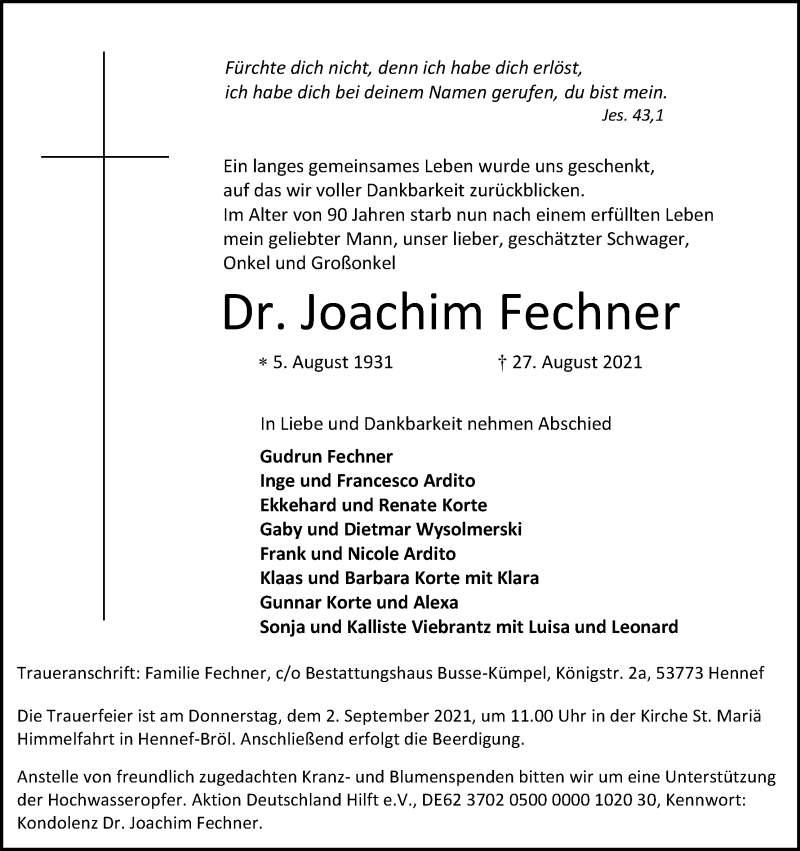  Traueranzeige für Joachim Fechner vom 31.08.2021 aus Kölner Stadt-Anzeiger / Kölnische Rundschau / Express