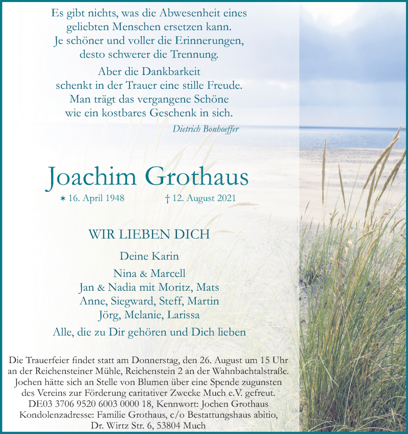  Traueranzeige für Joachim Grothaus vom 21.08.2021 aus Kölner Stadt-Anzeiger / Kölnische Rundschau / Express