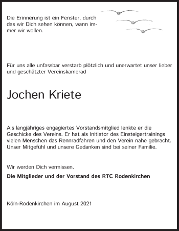 Anzeige von Jochen Kriete von Kölner Stadt-Anzeiger / Kölnische Rundschau / Express