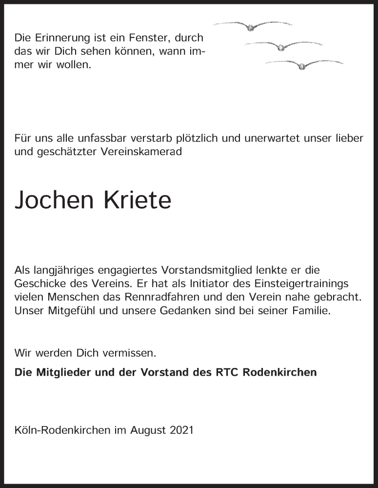  Traueranzeige für Jochen Kriete vom 07.08.2021 aus Kölner Stadt-Anzeiger / Kölnische Rundschau / Express