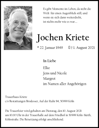 Anzeige von Jochen Kriete von Kölner Stadt-Anzeiger / Kölnische Rundschau / Express