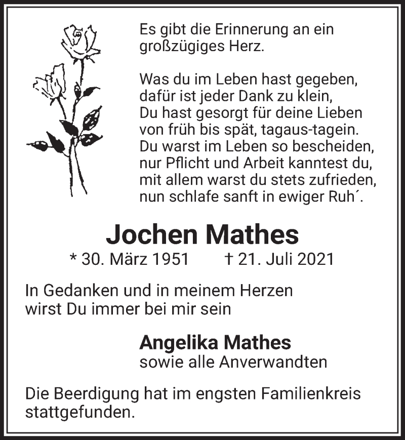 Traueranzeige für Jochen Mathes vom 06.08.2021 aus  Wochenende 