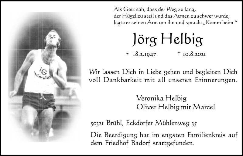  Traueranzeige für Jörg Helbig vom 20.08.2021 aus  Schlossbote/Werbekurier 